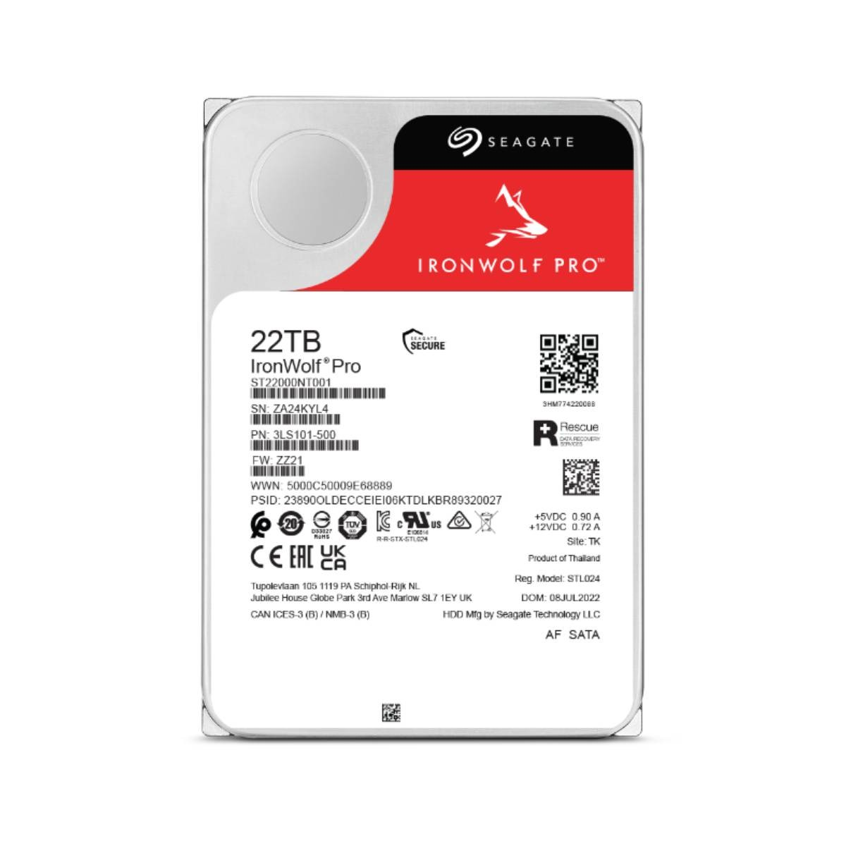 Seagate IronWolf Pro 22TB harde schijf. Rode bovenkant met logo. Witte achtergrond.
