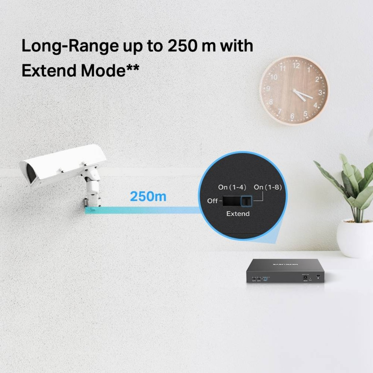 Diagramm, das eine Kamera, einen Switch und eine Uhr zeigt. Es erklärt die große Reichweite bis zu 250 m im Extend-Modus.