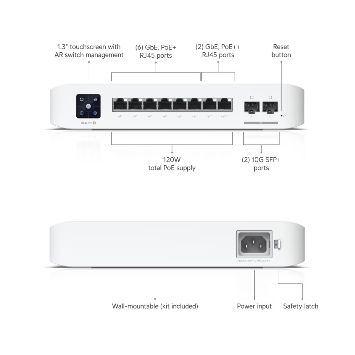 Witte netwerkswitch met poorten, een touchscreen en labels. Het heeft een stroomingang en een resetknop.