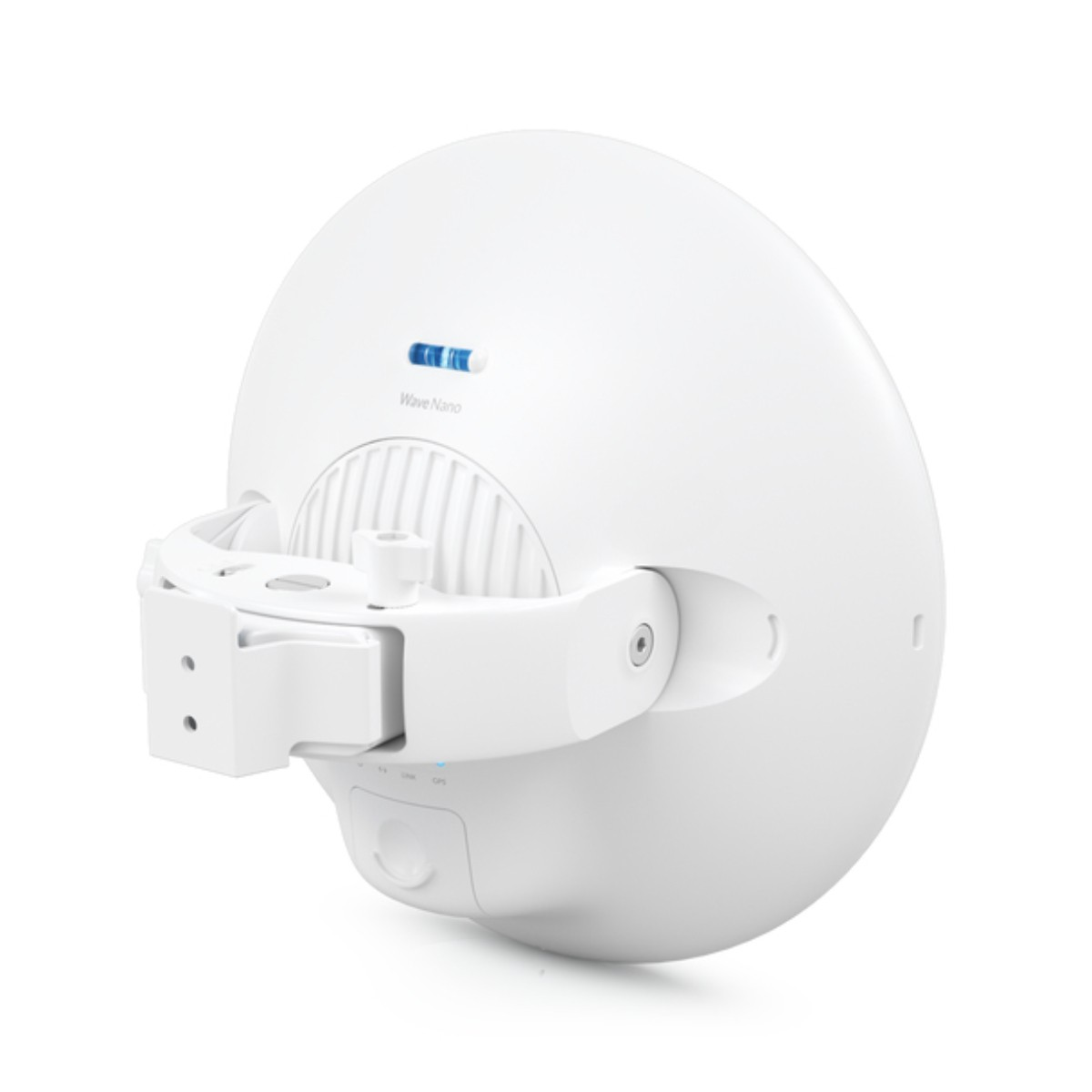 Antenne blanche arrondie avec un support de montage. L'arrière montre des étiquettes. Fond blanc.