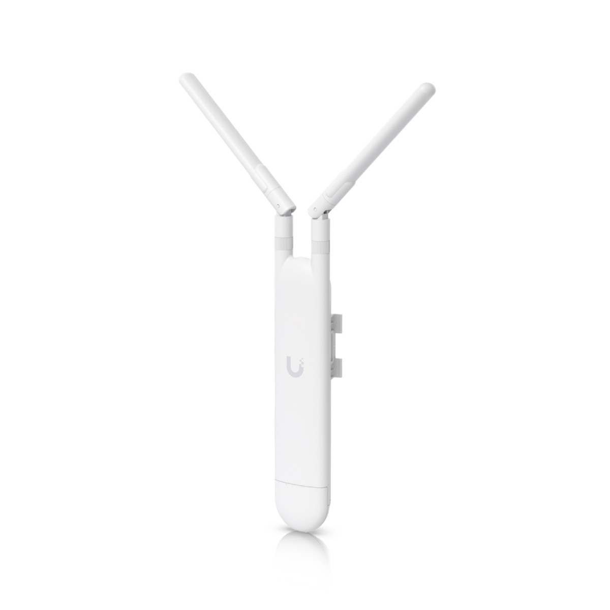 Biały punkt dostępowy z dwiema antenami na białym tle.