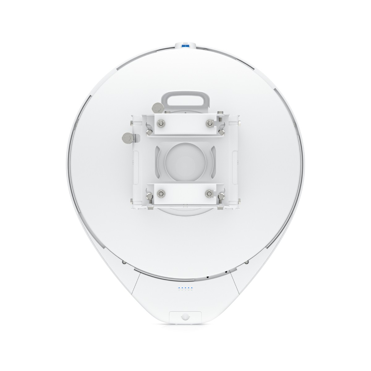 Draufsicht auf eine weiße Antenne mit einer Montagehalterung. Es hat ein kreisförmiges Design und einen Griff.