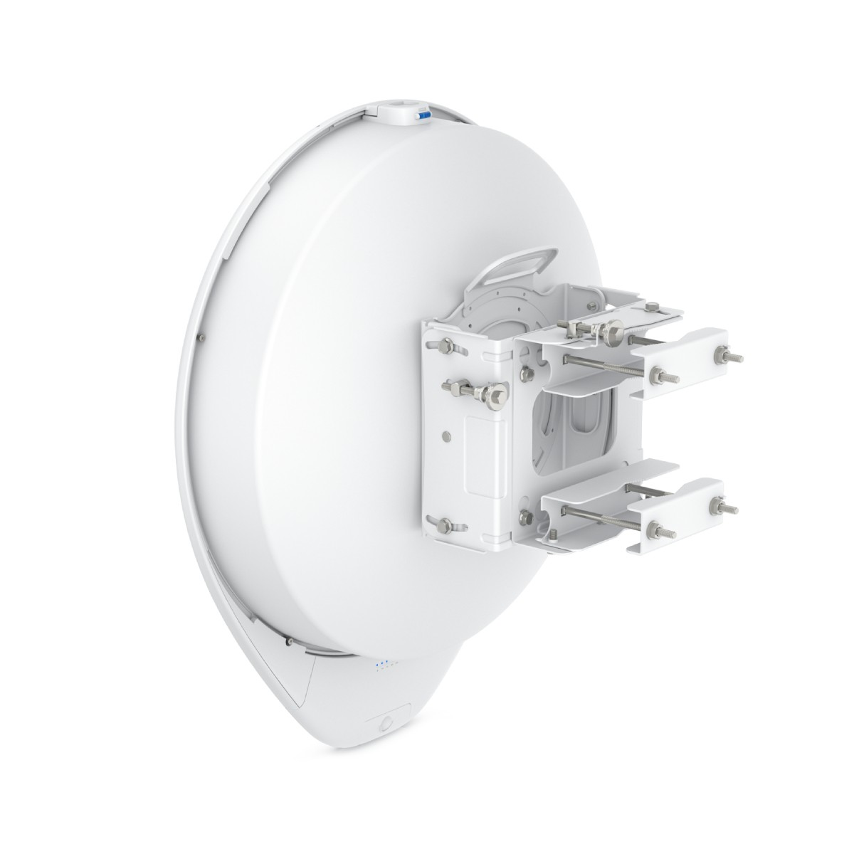 Rückansicht der weißen Antenne mit Metallbefestigung. Es hat einen Griff und ein kreisförmiges Design mit einem Logo.