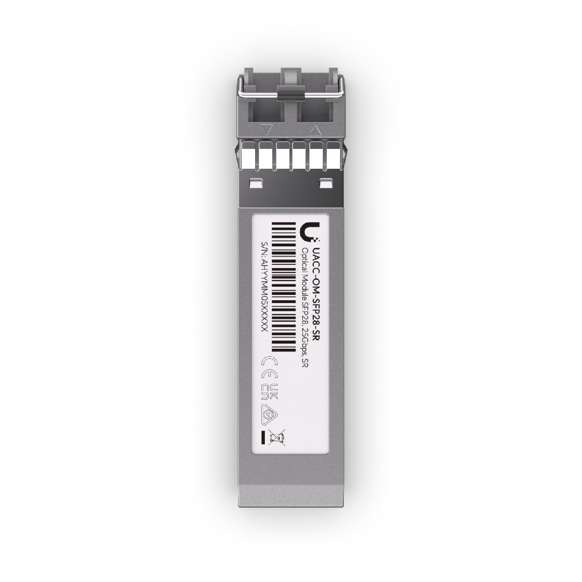 Piccolo modulo ottico argentato con testo e marcature, su sfondo bianco.