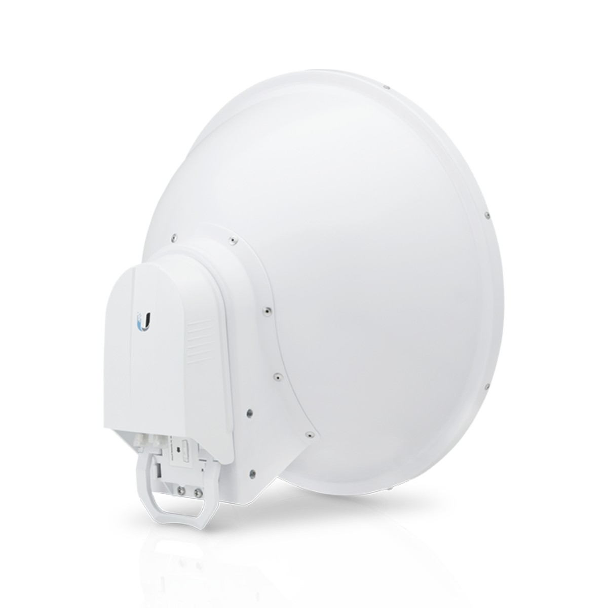 Biała antena z zaokrąglonym przodem i tyłem z uchwytem i małym logo. Ma okrągły kształt.