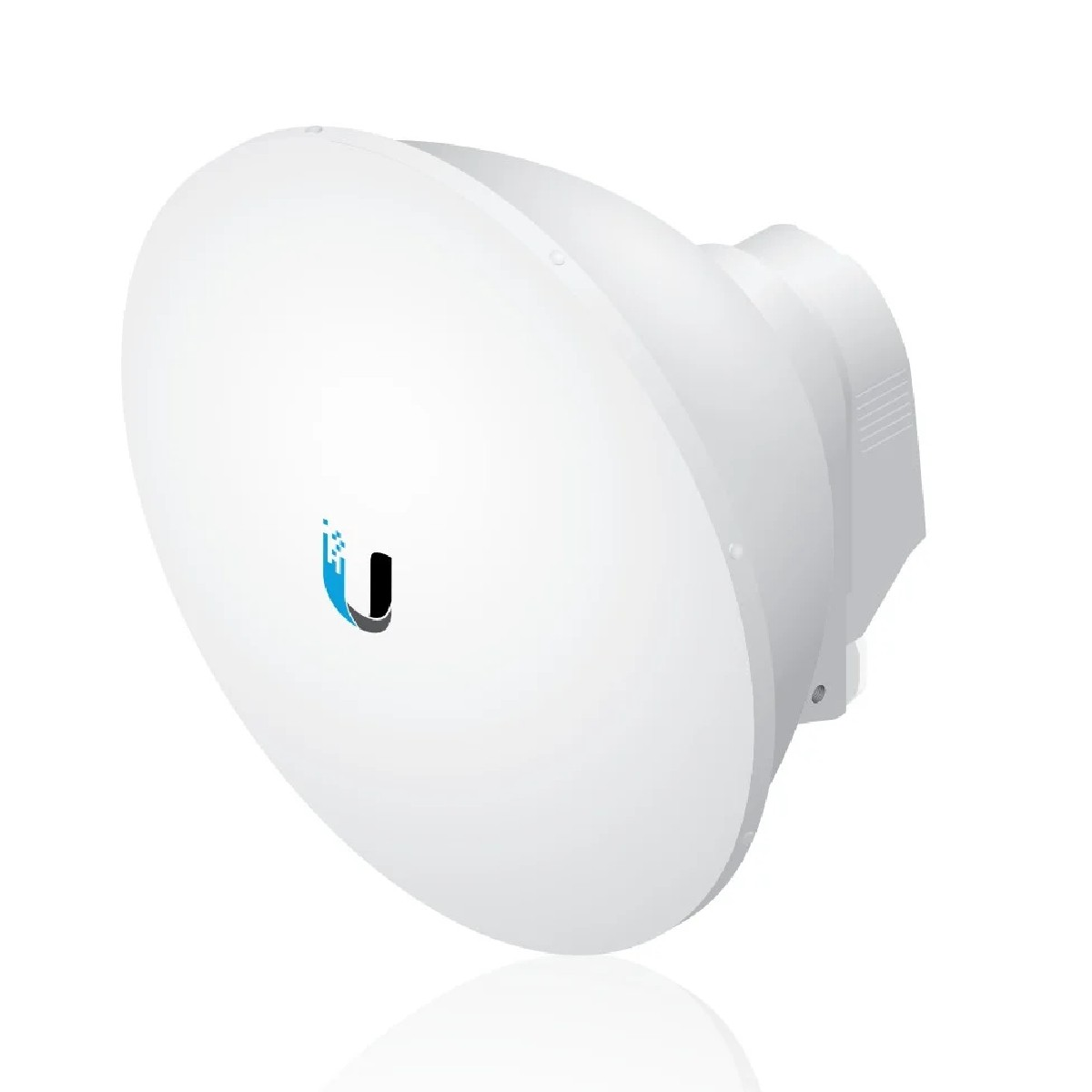 Biała, okrągła antena z logo U, zamontowana na białym tle.
