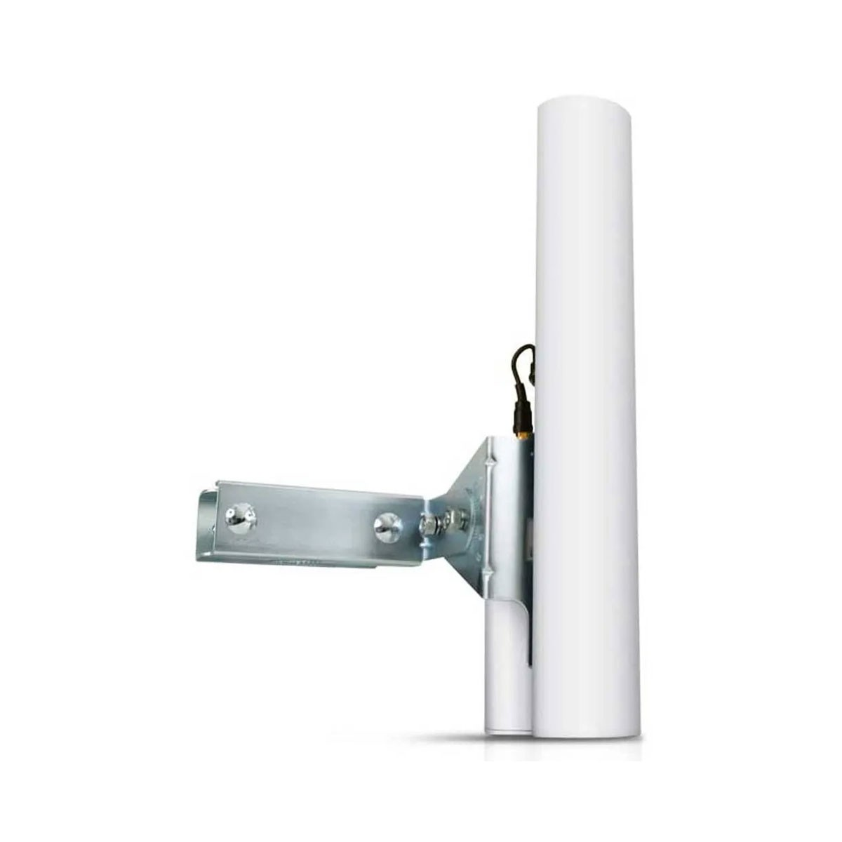 White pole mounted with a metal bracket. It has a white cylindrical shape.