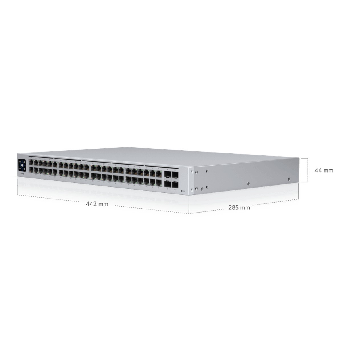 Silberfarbiger, im Rack montierbarer Netzwerk-Switch mit Anschlüssen und Maßangaben.