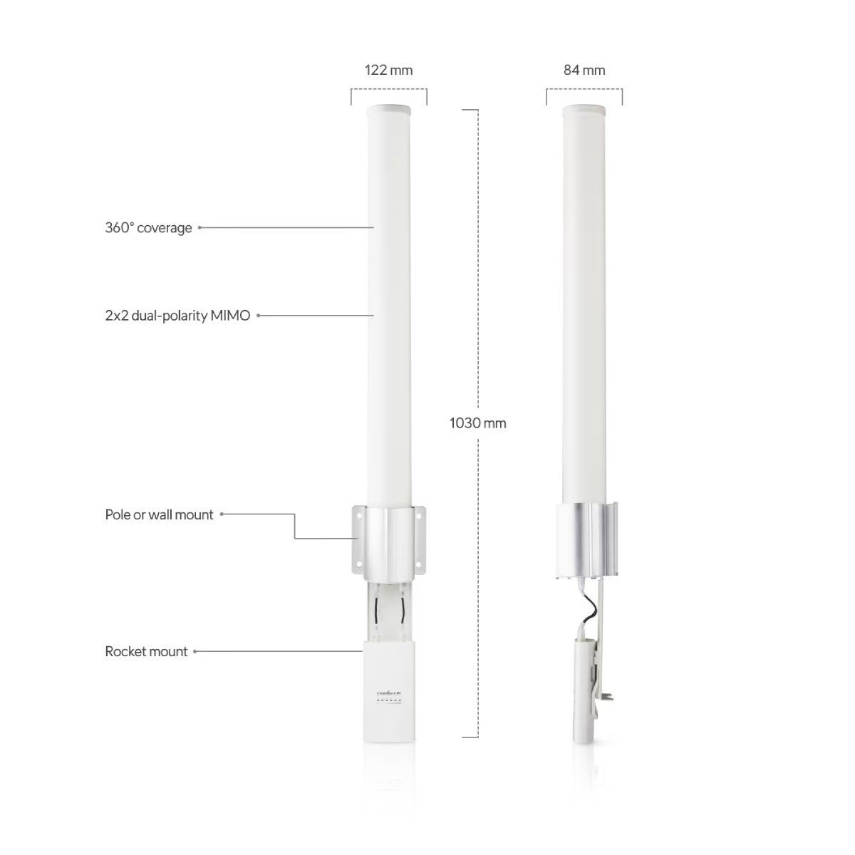 Two white antennas with dimensions and labels, designed for pole or wall mount.