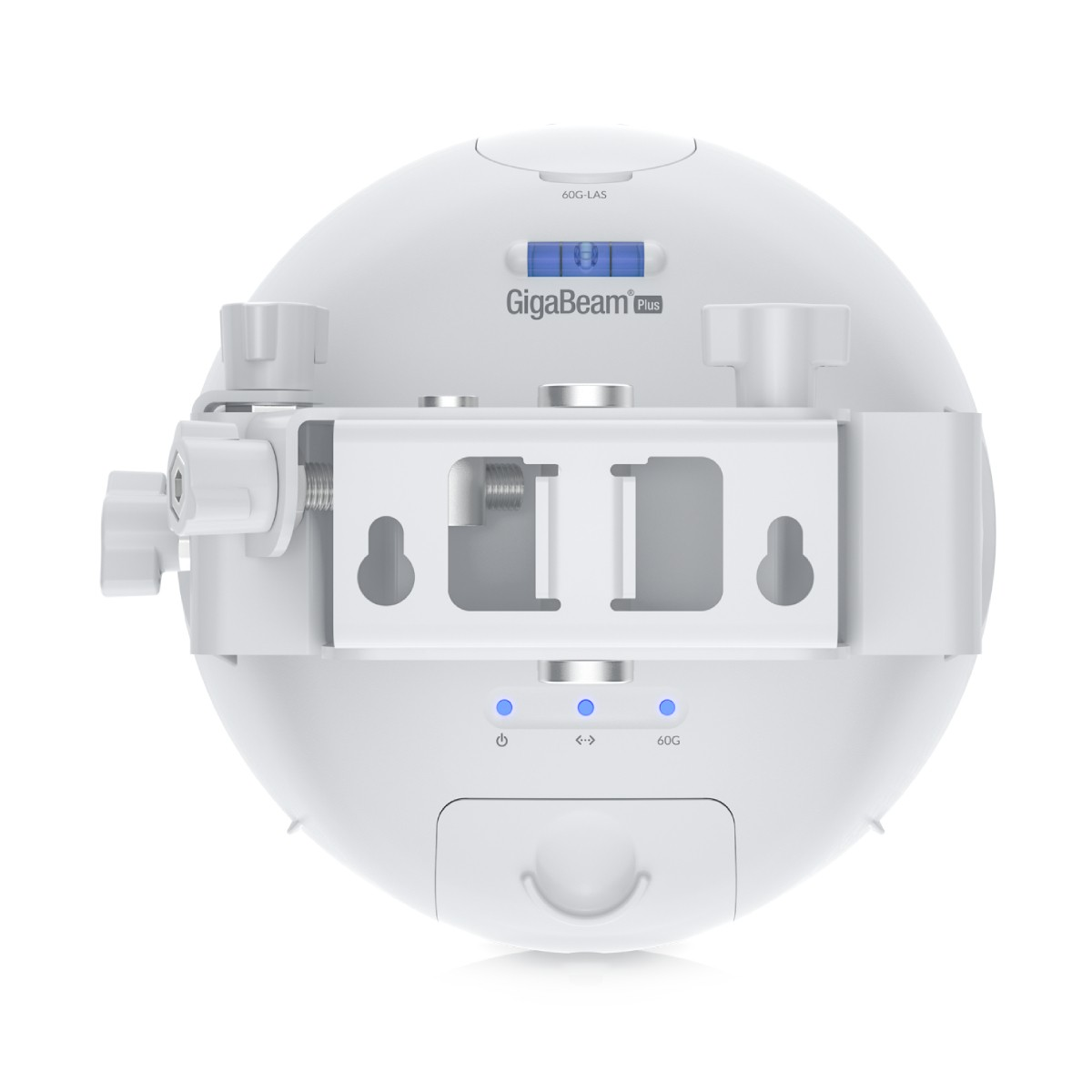 Un dispositivo bianco e rotondo con staffa, pulsanti e luce. L'etichetta recita "GigaBeam Plus".