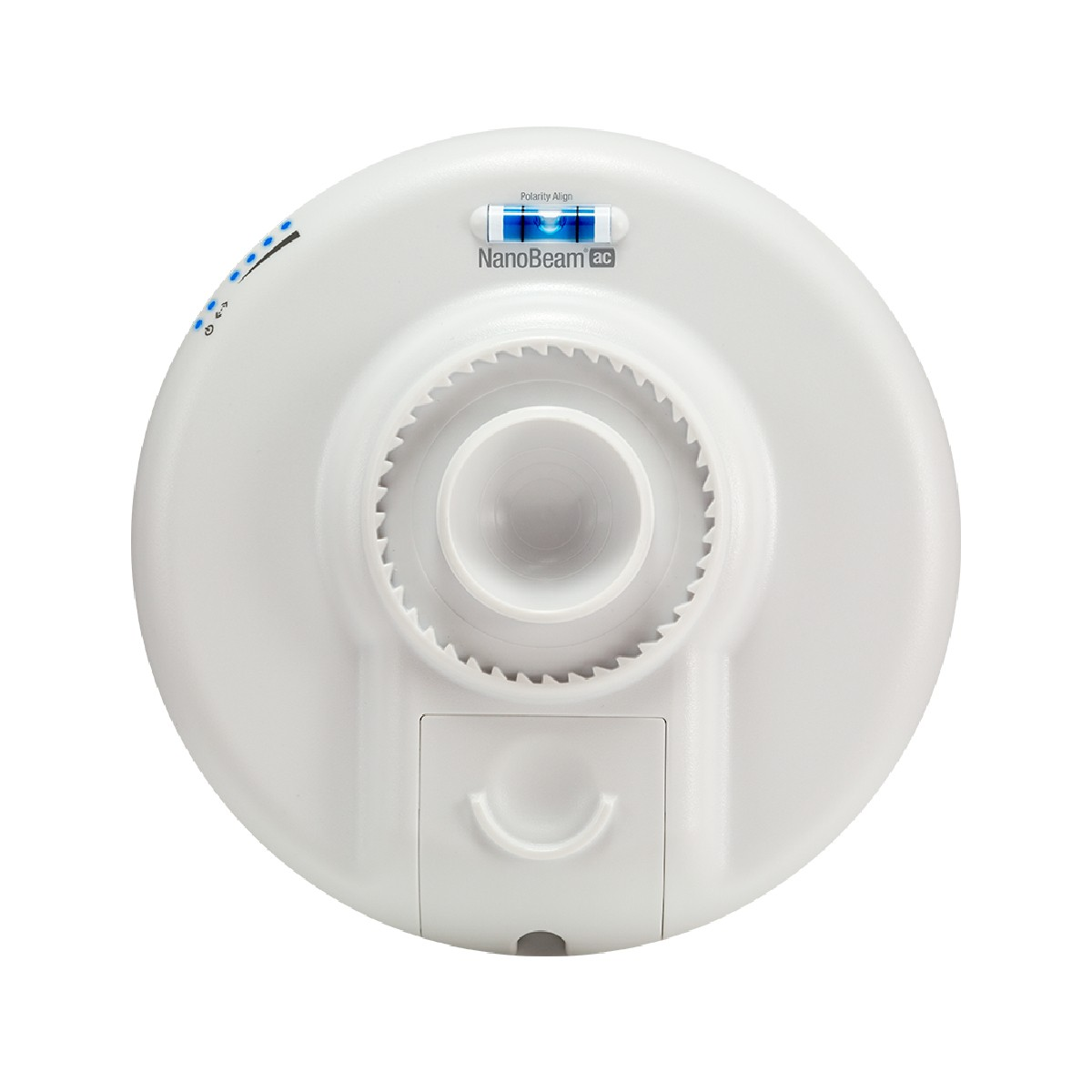 Un dispositivo circolare bianco con un'apertura centrale scanalata. Livella visibile. Etichetta: "NanoBeam ac".