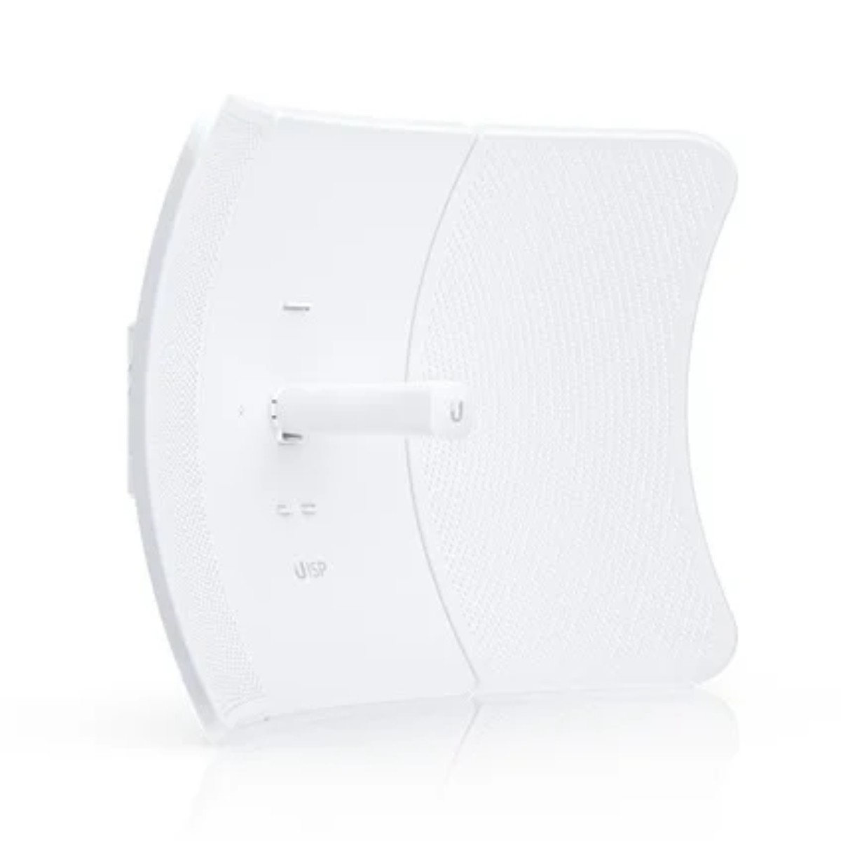 Antenne blanche avec façade incurvée et logo U, isolée sur blanc.