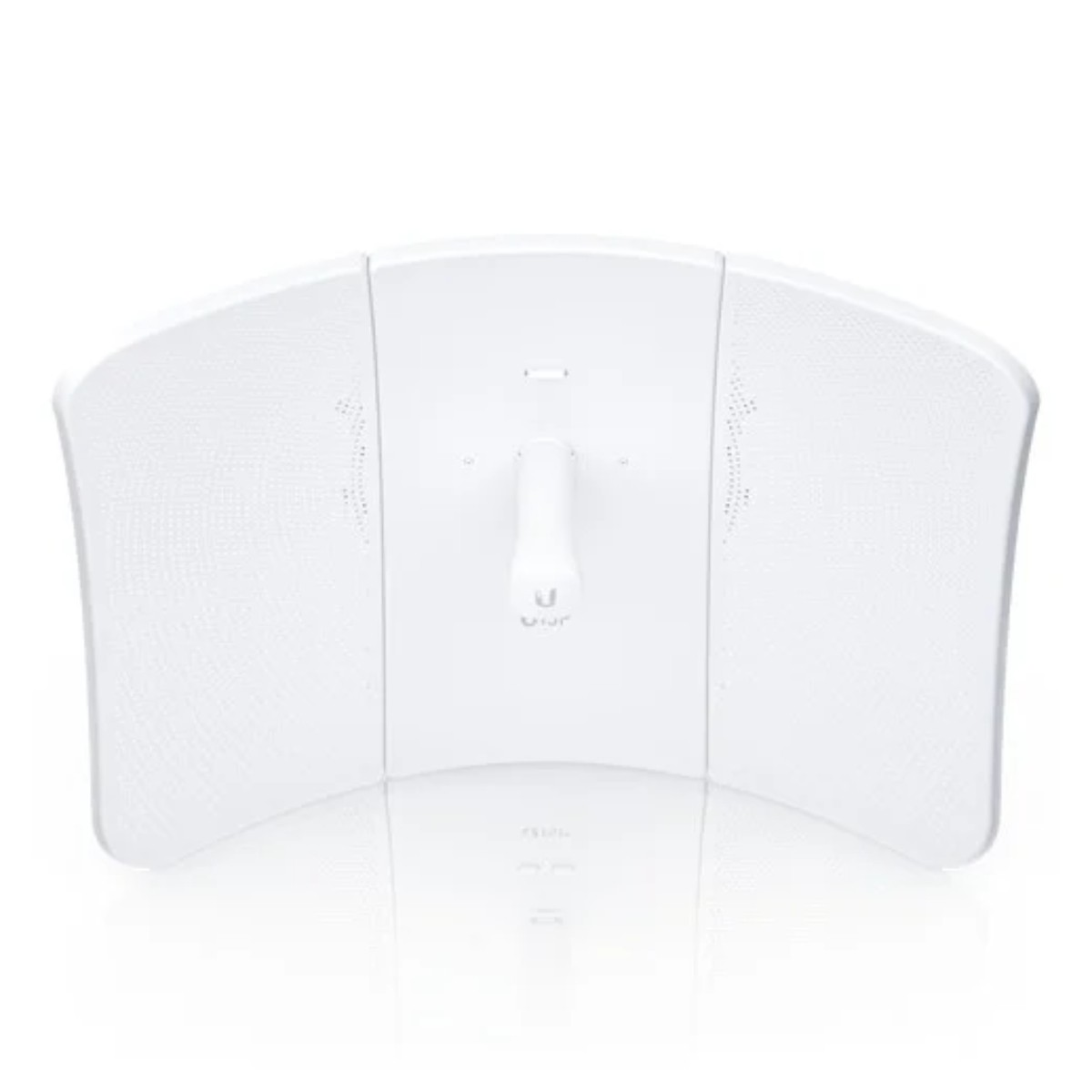Une antenne blanche incurvée avec un bras de montage central. Le design est symétrique. Fond blanc.