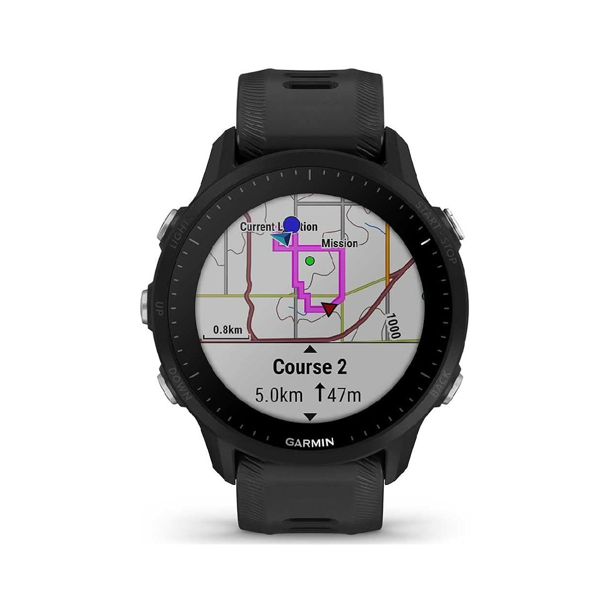 Czarny zegarek Garmin wyświetlający mapę z kursem, przyciski z boku.