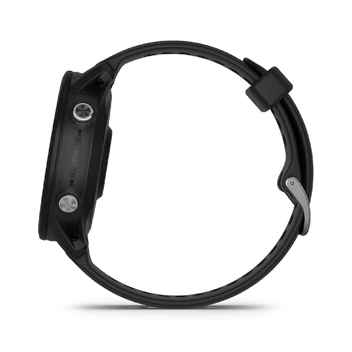 Czarny zegarek Garmin, widok z boku, pokazujący przyciski i pasek, izolowany.