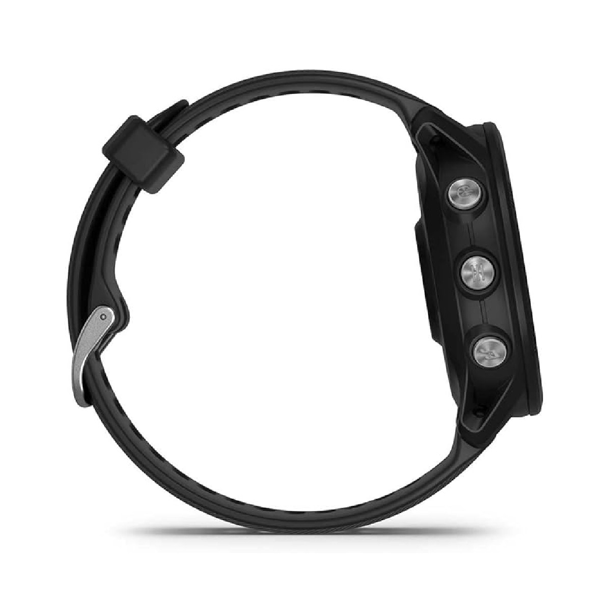 Czarny zegarek Garmin, widok z boku, z przyciskami, izolowany na białym tle.