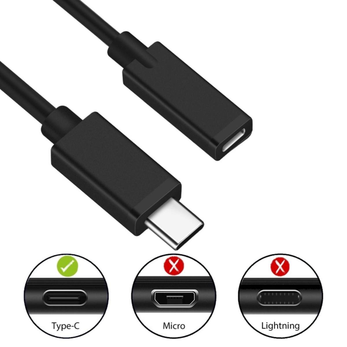 Cavo nero con connettore USB-C e tre porte di esempio: Type-C (corretto), Micro (sbagliato), Lightning (sbagliato).