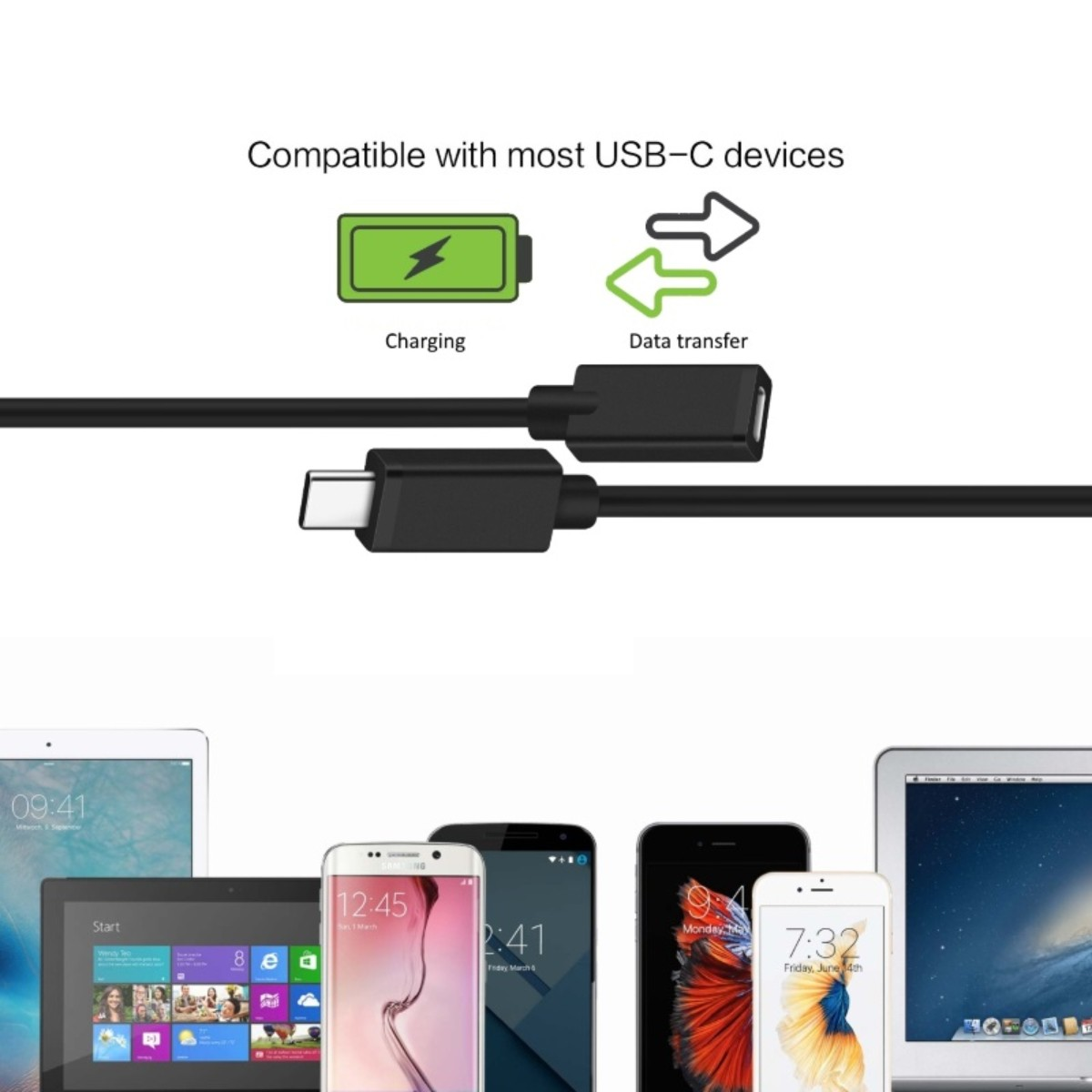 Un cavo nero con connettore USB-C. Ci sono icone di ricarica e trasferimento dati ed esempi di dispositivi.
