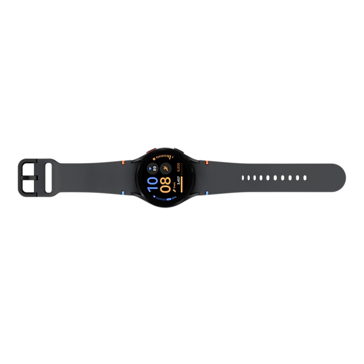 Uno smartwatch con schermo nero e cinturino grigio. Il cinturino è aperto e piatto.