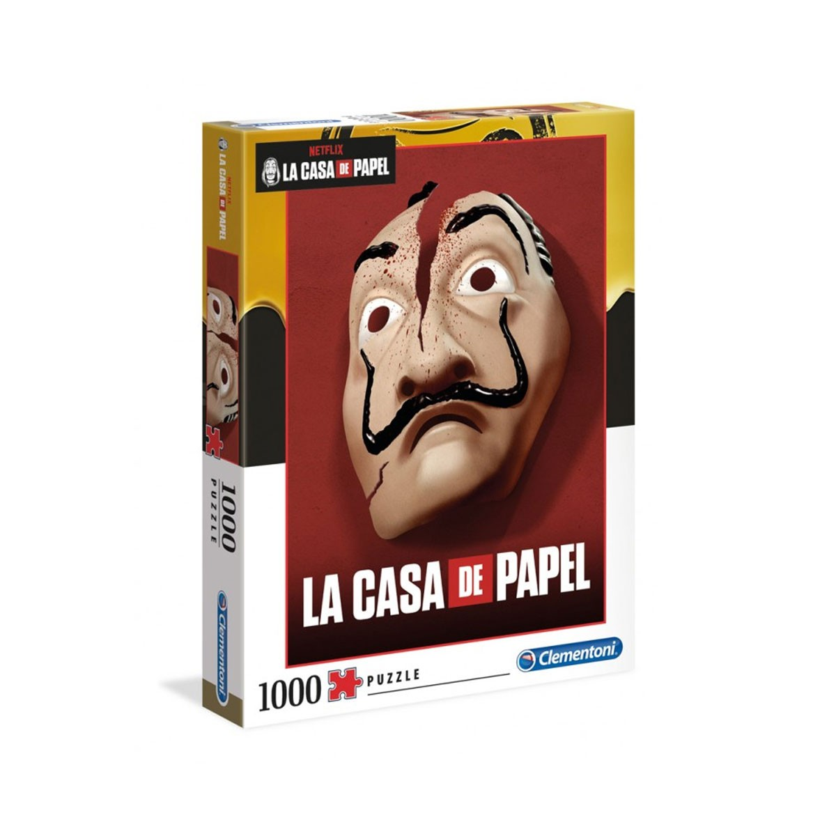 Pudełko z puzzlami La Casa De Papel ze zdjęciem maski z przodu.