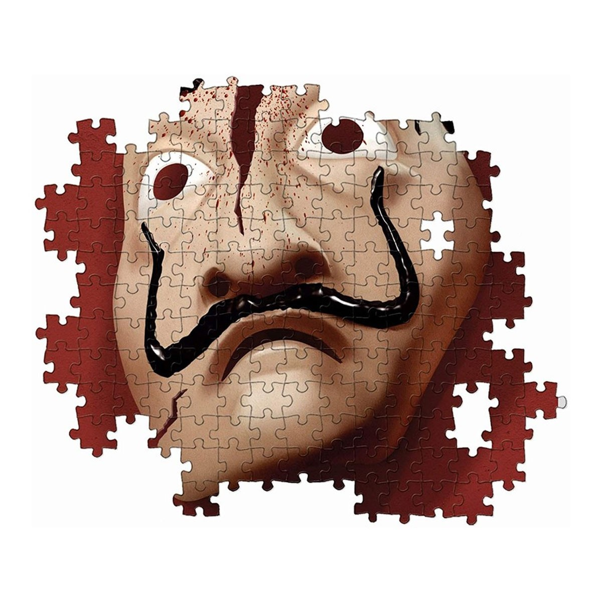 Elementy układanki maski La Casa De Papel na czerwonym tle.