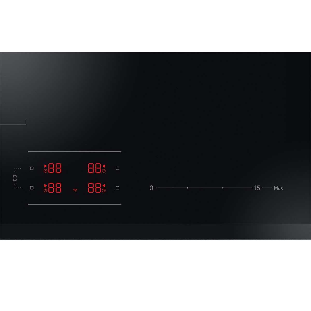 Placa de cocina negra con pantalla digital roja y números, fondo blanco.