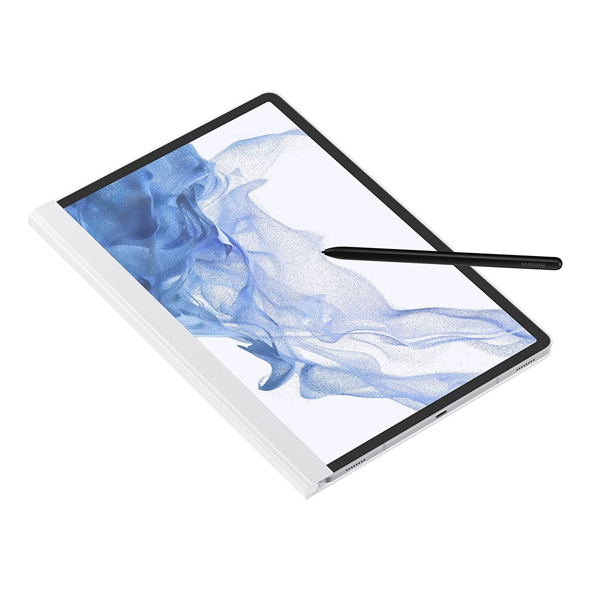 Weißes Tablet mit schwarzem Stift. Der Bildschirm zeigt ein blau-weißes abstraktes Design.