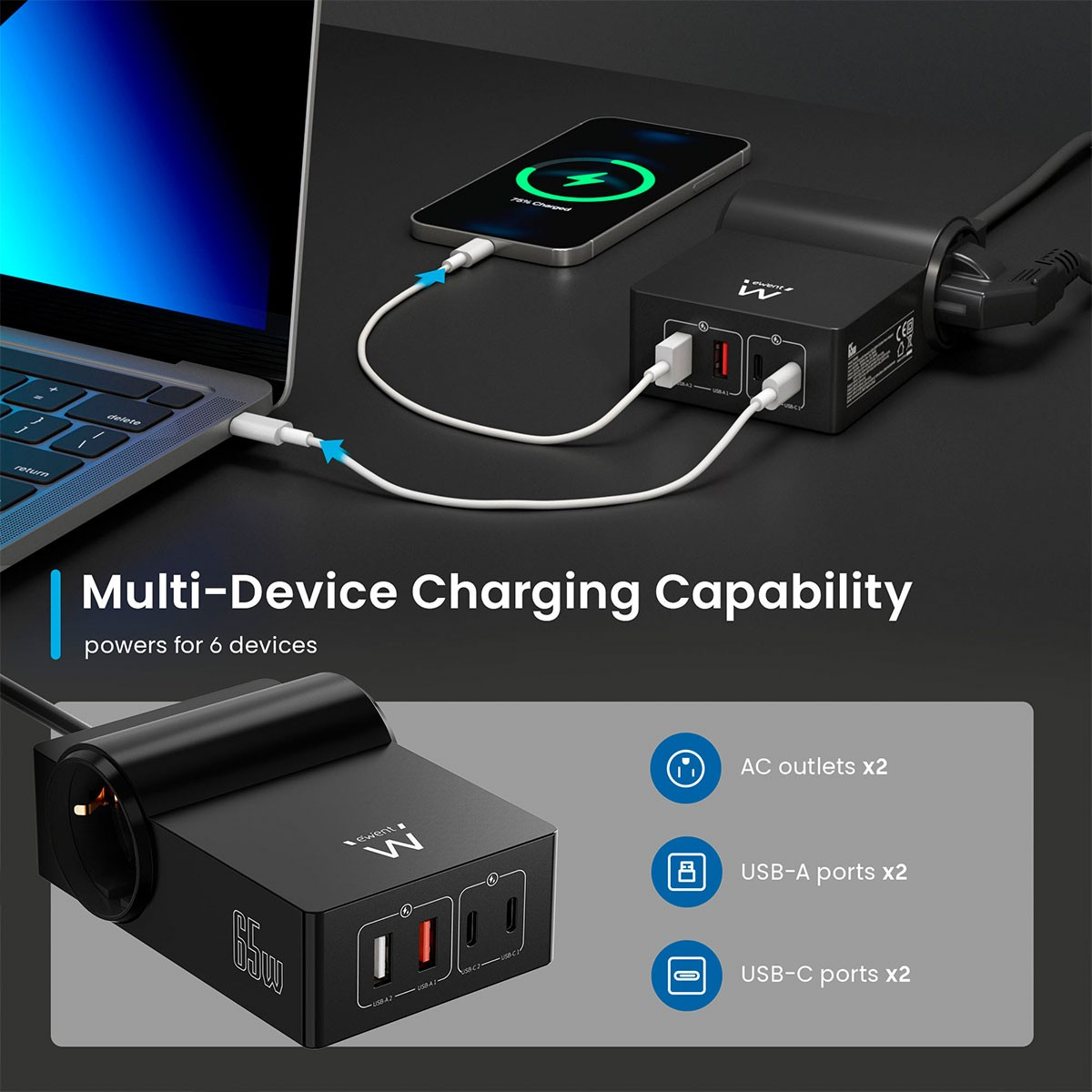 Cargador multi-dispositivo negro con múltiples puertos y carga de teléfono y portátil.