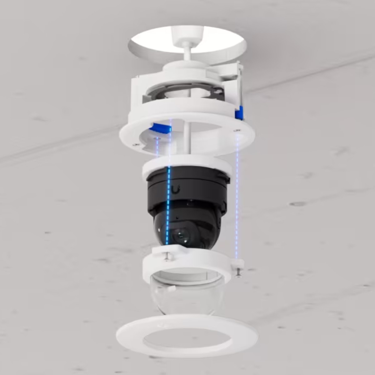 Componenti della telecamera di sicurezza bianca, vista esplosa, montata a soffitto.