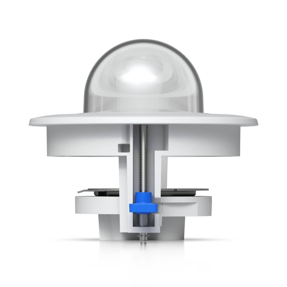 Sezione trasversale di un dispositivo bianco con cupola trasparente, vite ed elemento blu.