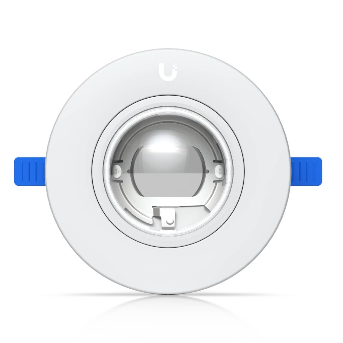 Dispositivo circolare bianco con lente trasparente e due clip laterali blu. Il logo è in alto.