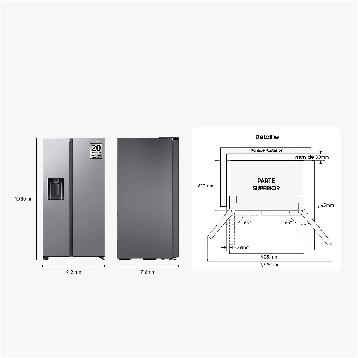 Koelkast van de zijkant, met afmetingen en een gedetailleerd diagram van het interieur.