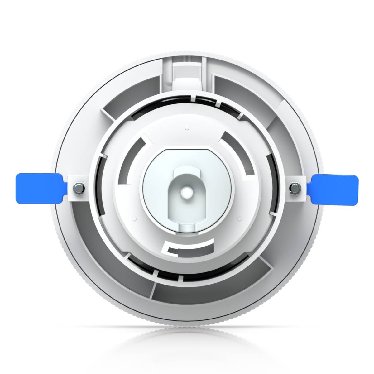 Dispositivo bianco con clip blu sui lati, che mostra il retro con un design circolare.