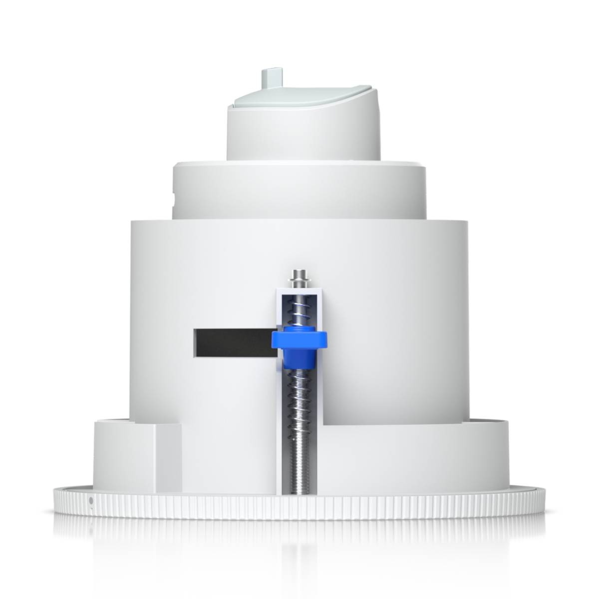 Dispositivo cilindrico bianco con strati e un componente centrale blu. Sfondo bianco.