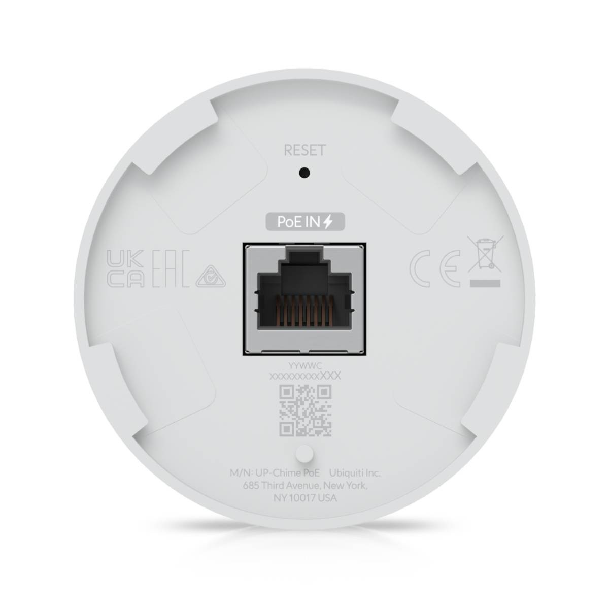 Il retro di un dispositivo bianco con una porta, un pulsante di ripristino e testo. È presente anche un codice QR.