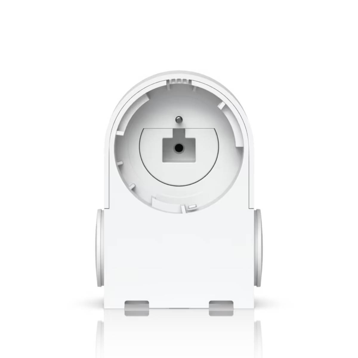 Dispositivo bianco con connettore quadrato e due connettori laterali, vista frontale, sfondo bianco.