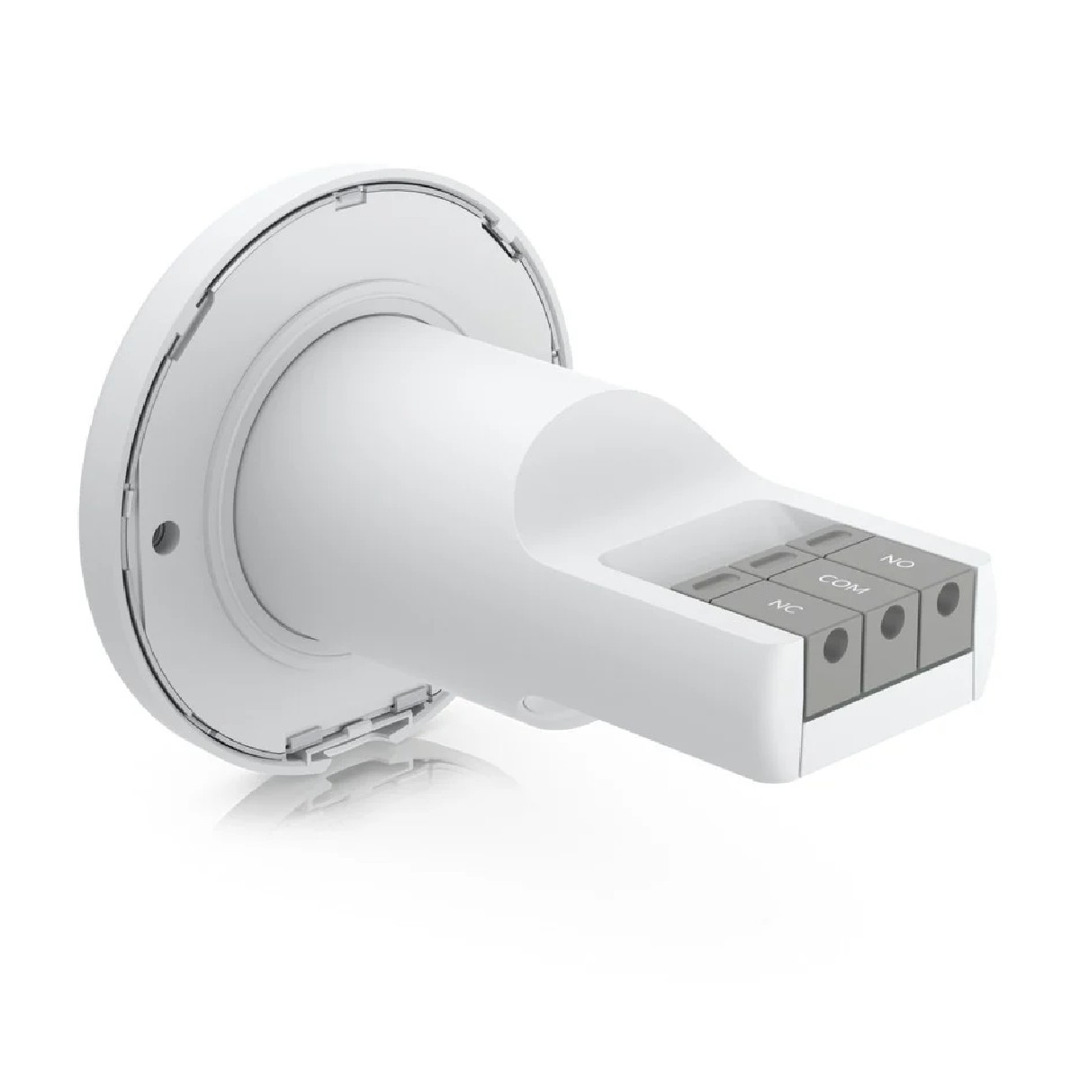 Dispositivo bianco con base circolare e porta rettangolare. Tre terminali grigi.
