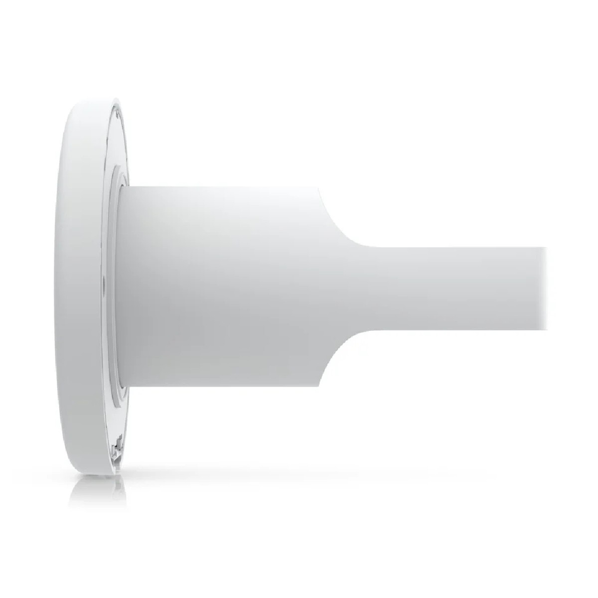 Dispositivo bianco di lato, con base circolare ed estensione lunga e rettangolare.