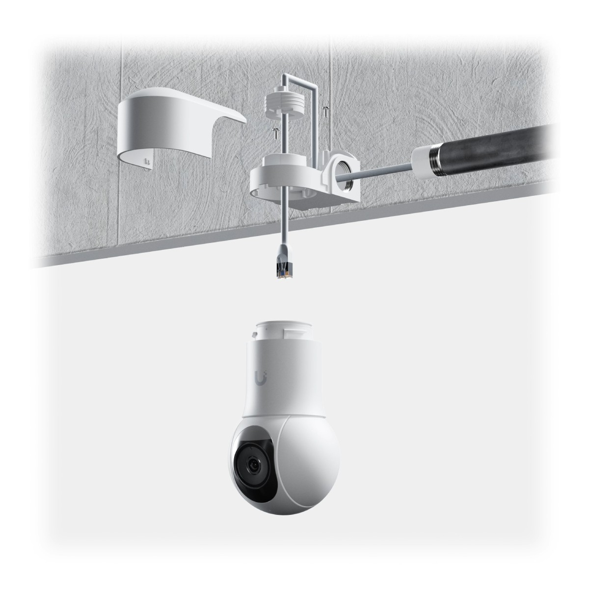 Telecamera di sicurezza bianca, parti smontate, appesa al soffitto, con cavo di rete.