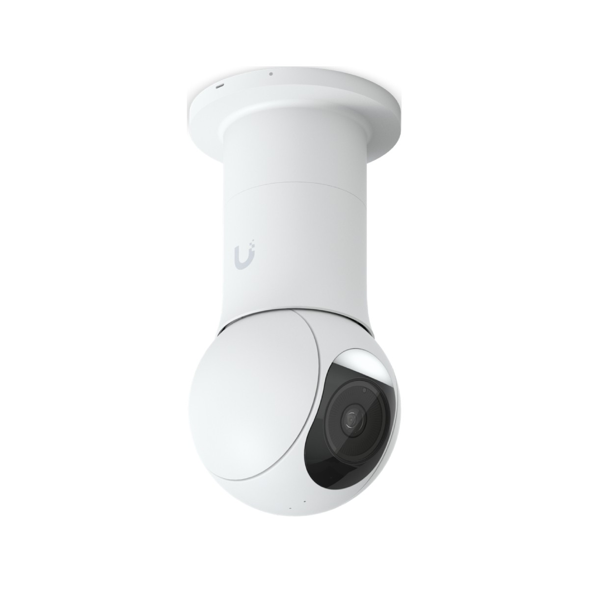Telecamera di sicurezza bianca a forma di cupola appesa al soffitto, lente nera.