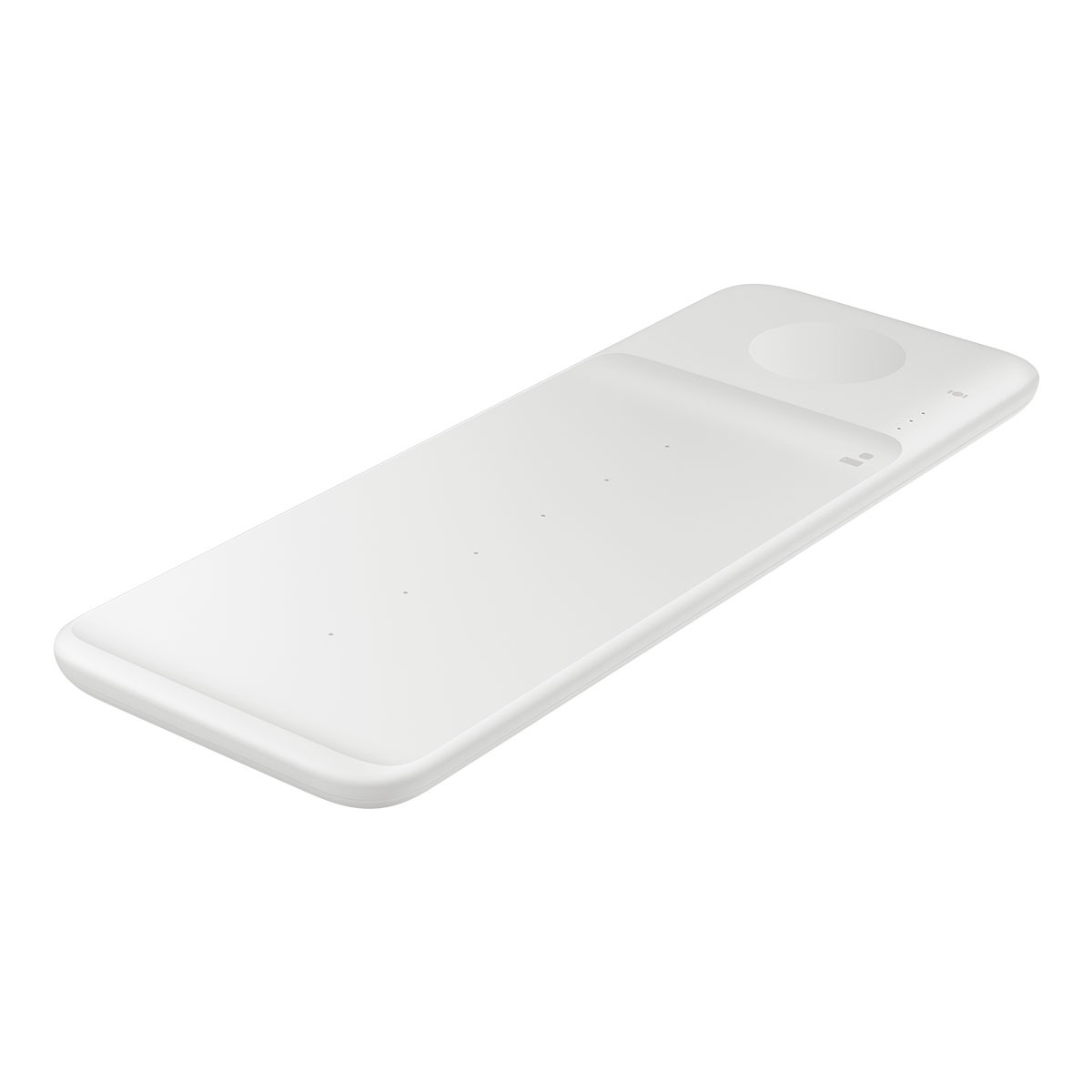 Biała bezprzewodowa podkładka ładująca z okrągłym obszarem ładowania i prostokątem.