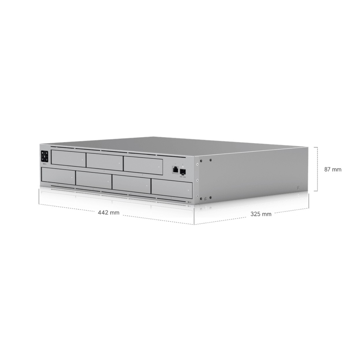 Un dispositivo di rete argentato con dimensioni etichettate: 442 mm di lunghezza, 325 mm di larghezza e 87 mm di altezza.
