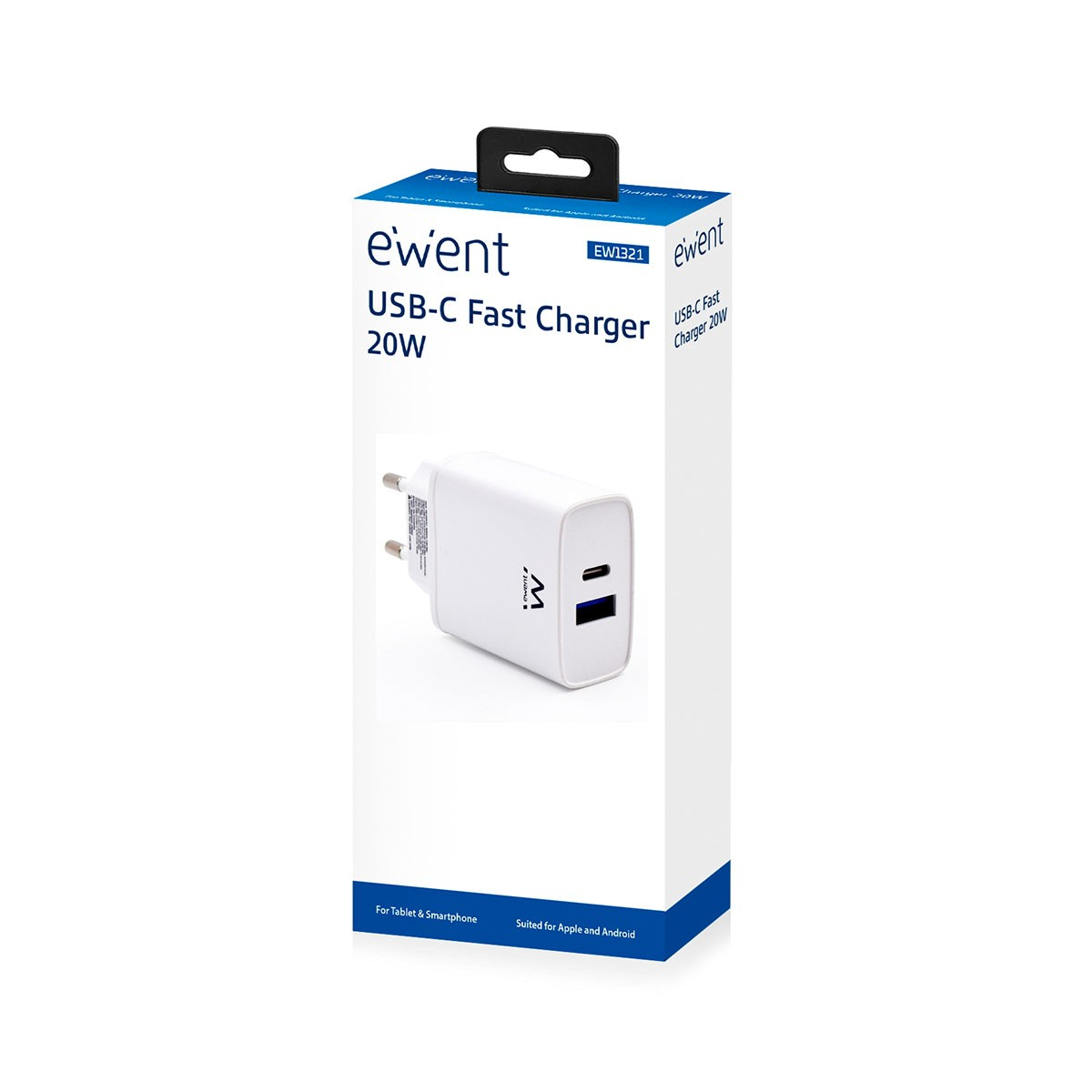 Un caricatore rapido USB-C bianco con spina e due porte USB-C, in una scatola blu e bianca.