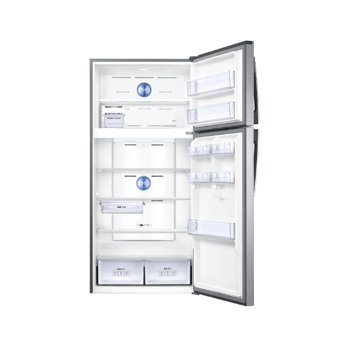 Open refrigerator with shelves, drawers, and food items. Grey sides and white interior.