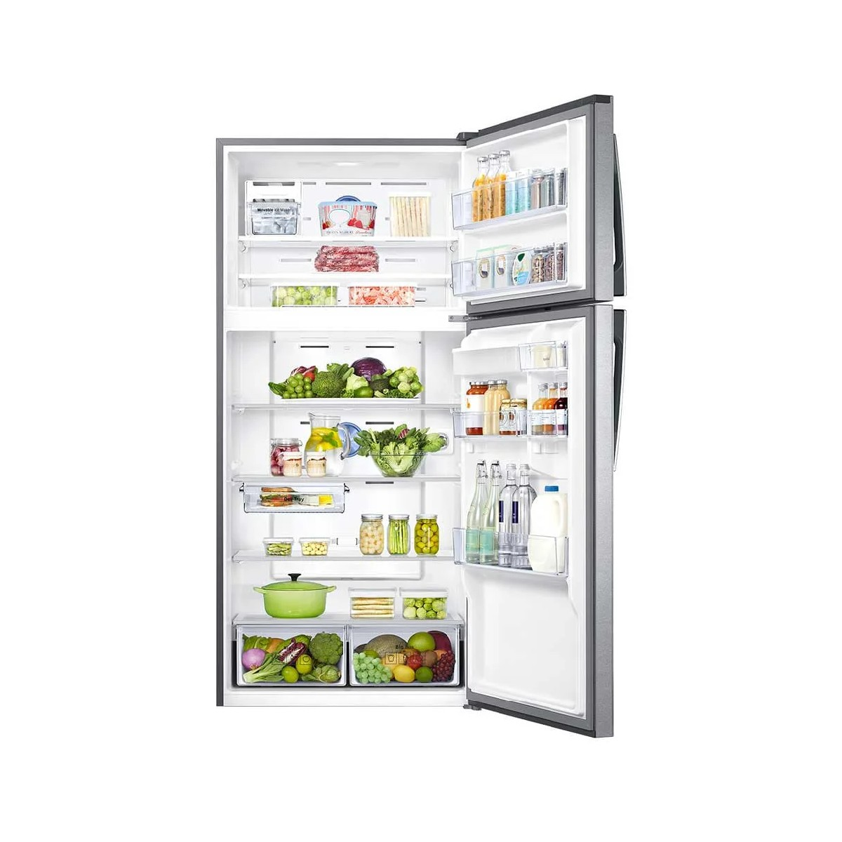 Refrigerator with open doors, filled with food items on shelves and in drawers.