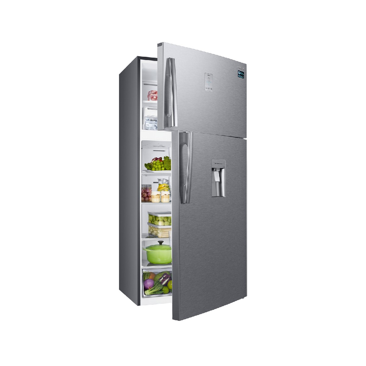 A silver refrigerator with the top door open, showing shelves with food items.