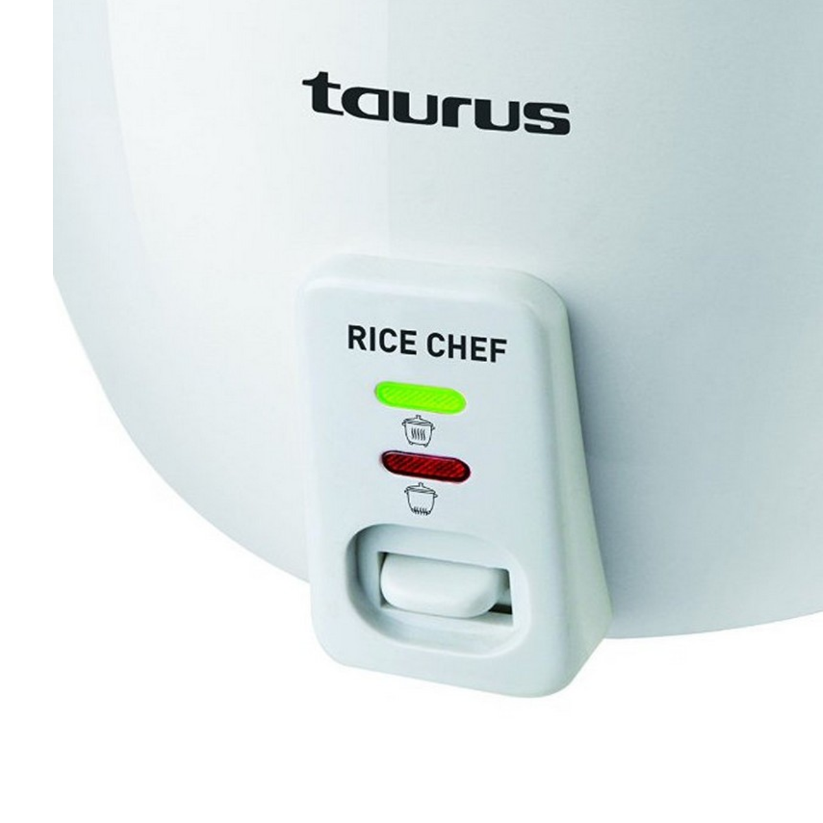 Biały garnek do ryżu z logo "Taurus" i panelem "Rice Chef", pokazujący zielone, czerwone światła i przycisk.
