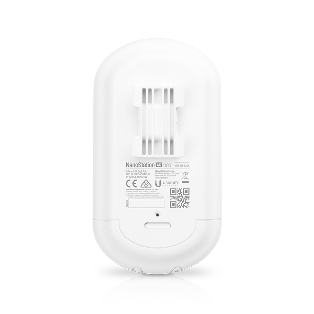 Tył białej anteny z etykietami i szczegółami modelu. Ma wspornik montażowy i odpowietrznik.