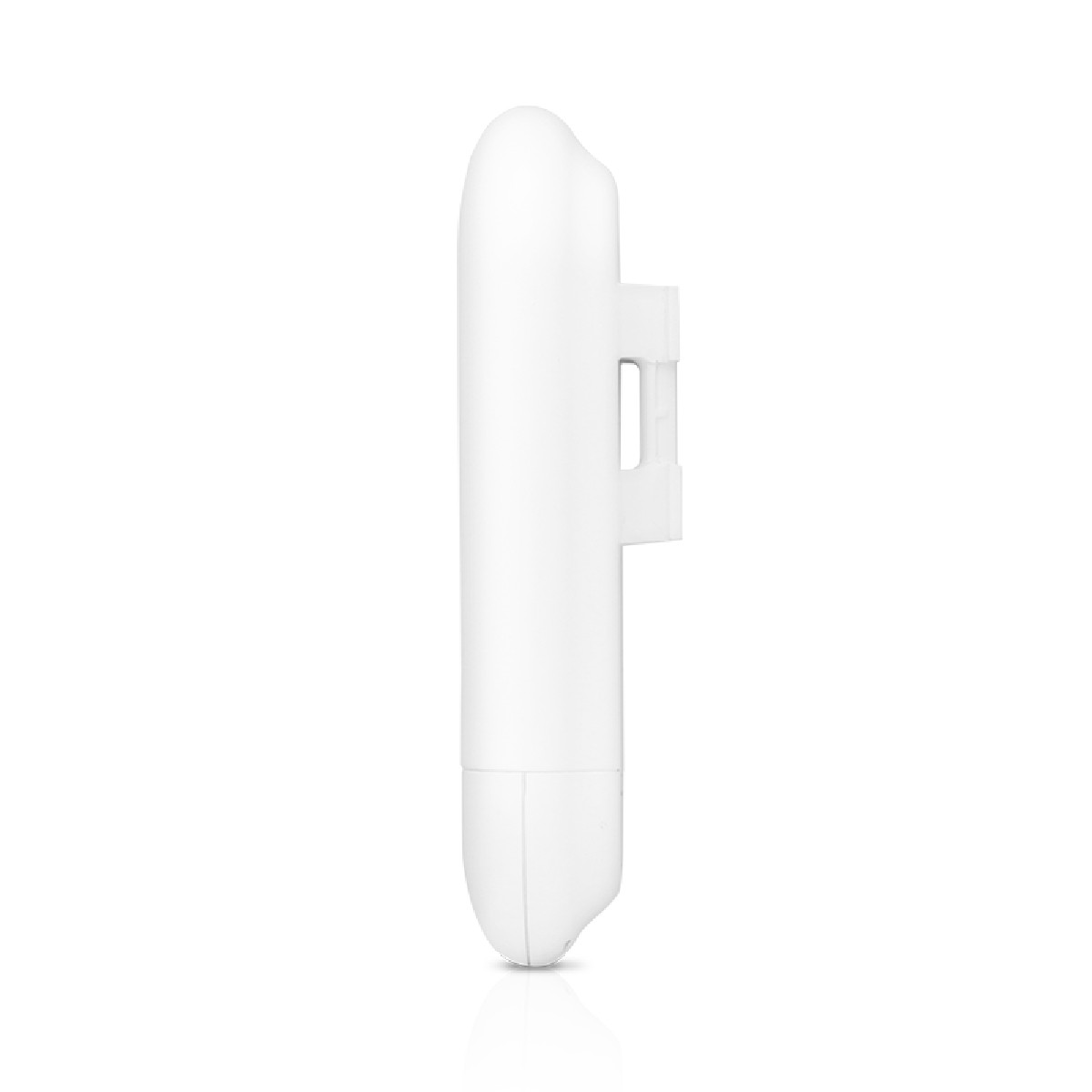 Un dispositivo bianco allungato con una staffa di montaggio sul lato. È su sfondo bianco.