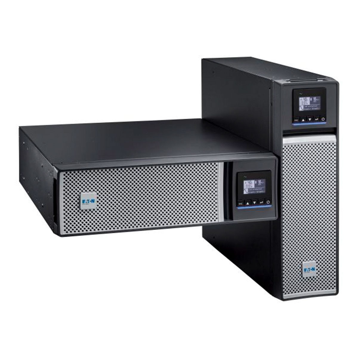 UPS Eaton negro y gris. Dos unidades conectadas en ángulo recto, con pantallas digitales.